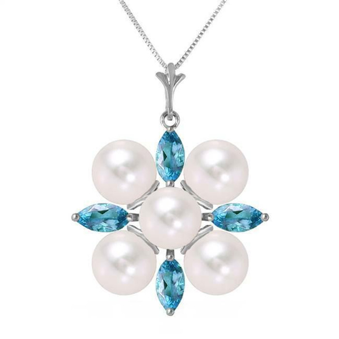 You will look cool and crisp as a winter morning when you wear this 14K. white gold necklace with blue topazes and pearls. A grouping of five glimmering pearls is surrounded by four marquise cut topazes that glitter when the well-crafted facets catch the light. The round pearls measure at 5.00 carat weight and the topazes are 1.30 carats in weight.
 
The pendant measures a little over an inch in height. If you are not buying a necklace for yourself today, consider this beautiful piece for a friend or family member born in June or December.