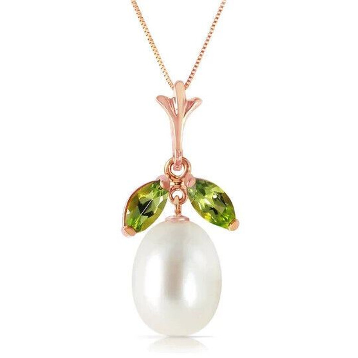 The only problem the 14k rose gold necklace with natural pearl and peridot presents is whether to wear the peridot as a spring green or a winter holiday color -- and the answer is to wear it for both. The central pearl shines out from beneath the two marquis-cut peridots with its natural luminescence. Pearl goes with everything, and the olive green of the peridot is surprising neutral, too.

With its semiprecious gemstones, the 14k rose gold necklace with natural pearl and peridot is dressy enough to wear for special occasions, but its gorgeous coloring will tempt you into also clasping it on for everyday use.