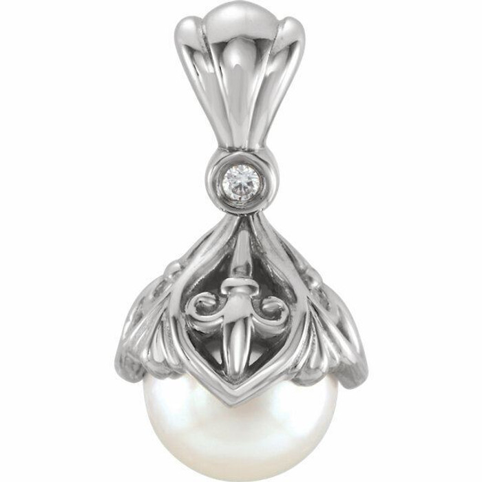 Delicate in design, this pearl and diamond Fleur-de-lis pendant features a freshwater cultured pearl paired with a brilliant round diamond. The pendant is crafted with a sterling silver bail and polished to a brilliant shine.