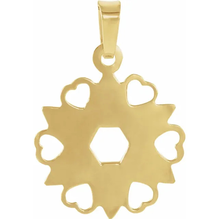 This beautiful, 14K yellow gold Star of David pendant is bordered with a beaded, open-heart design. An open, traditional Six-point star rests in the center. Measures just under 3/4" in length.