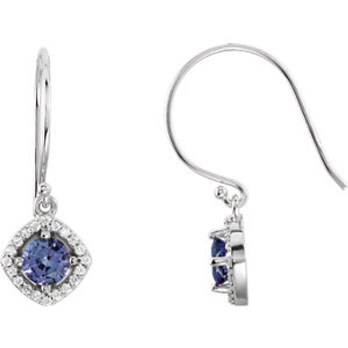 With An Eye Catching Dangle Movement, These Lovely 14k Gold Wire Back Earrings Feature .55ct Round 5.00 mm Tanzanite Gemstones Surrounded by a Halo of Diamonds, Totaling 1/5ct tw.