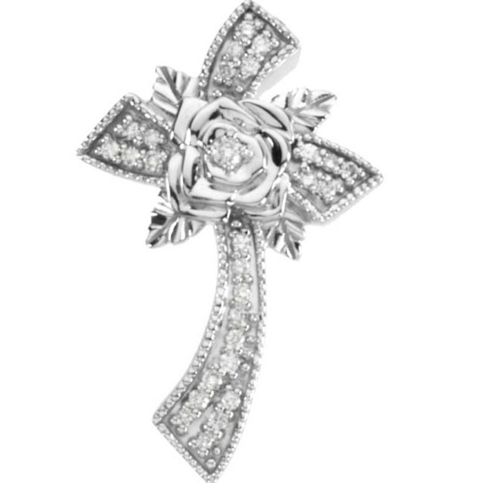 Stems of 14K gold roses are adorned with twenty eight, sparkling full cut diamonds in this elegant floral style cross.  The prong set diamonds have a combined weight of 1/6 carat.  Measures approximately 27.25x17.25mm and is available in your choice of yellow, white or rose gold.