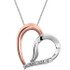 This 14K Rose Gold/Sterling Silver pendant features a romantic heart with round cut diamonds. Diamonds are .02ctw, G-I in color, and I3 or better in clarity. Pendant is presented on an 18 inch sterling silver rope chain.