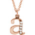 Destined to become a treasured addition to anyone's collection, the .03 ct tw diamond letter "a" 16 lowercase initial necklace in 14k Rose Gold is as brilliant as it is elegant. Show off this wonderful Necklace with any and every outfit. This exquisite piece is beautifully crafted in brilliant 14k Rose Gold for a stunning impression. This magnificent piece sparkles with shimmering diamond. .03 ct. This necklace is 16 Surely designed to impress.