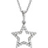 This five pointed star shaped pendant necklace for women features 30 separate pinpoint set diamonds with an approximate total weight of 1/6 carats. Carefully crafted in 14k white gold, this dazzling diamond star pendant dangles from an included, matching 16 inch chain.