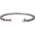 This platinum bracelet features twenty three 3mm genuine and natural rubies accented by 23 brilliant cut round near-colorless diamonds of G-H Color and I1 Clarity. The colored precious gemstones and shiny diamonds are set in a prong setting.