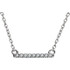 This 14k white gold necklace features a diamond studded bar design. Diamonds are .07ctw, H+ or better in color and I1 or better in clarity. Necklace is 16-18 inches in length with a cable chain. Bar is 12mm in length and 1.5mm in width.