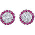 Pair of earrings with perfectly matching full cut round brilliant cut natural untreated conflict-free diamonds and a halo design outside of natural Ruby. Sold with backs. Tension posts. All prong set that gives these earrings a timeless look. For any age and made to wear for any occasion. Something to enjoy for a long time.