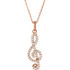 This beautiful 14K Solid Rose Gold Genuine 1/4 ct. tw. Diamonds Treble Clef Style Necklace featuring 1/4 ct tw Round genuine Diamonds. It is set in brightly polished Solid 14K Rose Gold on a Solid Cable Chain. The chain is 16 Inches long x 1.0 mm wide. It is a truly unique and a fantastic choice.