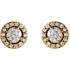 A classic pair of diamond halo earrings featuring 2 center round brilliant diamonds along with 28 sparkling white round side diamonds weighing . 0.25 carats! A beautifully styled setting crafted in 14K Yellow gold. A great size for everyday wear with brilliant sparkle and no visible inclusions. The center diamonds grade with Color G-H, Clarity I1 while the side diamonds grade with an color G-H, clarity I1. The earrings present a spectacular value and offer a big, fiery look. A very good value for big diamonds in a halo setting. A must have style!