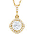 An impressive round diamond framed in additional round diamonds is the focal point of this extraordinary necklace for her. The pendant, fashioned in 14K yellow gold, is suspended from an 18-inch chain secured with a spring ring clasp. The total diamond weight is 7/8 carats.