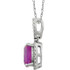 Exquisite 14Kt white gold pendant captures the beauty of a genuine 9.00mm cushion cut created pink sapphire accented by white shimmering diamonds hanging from an 18" inch chain. Total weight of the diamonds is 0.03 total carat weight.