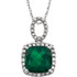 Exquisite 14Kt white gold pendant captures the beauty of a genuine 9.00mm cushion cut created emerald accented by white shimmering diamonds hanging from an 18" inch chain. Total weight of the diamonds is 0.03 total carat weight.