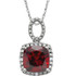 Exquisite 14Kt white gold pendant captures the beauty of a genuine 9.00mm cushion cut Mozambique Garnet accented by white shimmering diamonds hanging from an 18" inch chain. Total weight of the diamonds is 0.03 total carat weight.