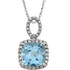 Exquisite 14Kt white gold pendant captures the beauty of a genuine 9.00mm cushion cut Sky Blue Topaz accented by white shimmering diamonds hanging from an 18" inch chain. Total weight of the diamonds is 0.03 total carat weight.