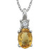 Exquisite 14Kt white gold pendant captures the beauty of a genuine 7x5mm oval Citrine accented by white shimmering diamonds hanging from an 18" inch necklace.Total weight of the diamonds is 0.02 total carat weight.