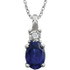 Exquisite 14Kt white gold pendant captures the beauty of a genuine 7x5mm oval Created Blue Sapphire accented by white shimmering diamonds hanging from an 18" inch necklace.Total weight of the diamonds is 0.02 total carat weight.
