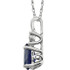 Exquisite 14Kt white gold pendant captures the beauty of a genuine 7x5mm oval Created Blue Sapphire accented by white shimmering diamonds hanging from an 18" inch necklace.Total weight of the diamonds is 0.02 total carat weight.