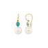 Wonderful 14k yellow gold earrings with genuine turquoise 7x5mm in size and a 11mm south Sea cultured pearl stone.