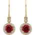 Wonderful 14Kt yellow gold halo-style earrings capturing the beauty of Chatham® created ruby surrounded by .08 carat total weight of white diamonds.