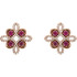 Beautiful 14k rose gold clover earrings featuring eight gorgeous rubies and 1/4 total carat weight of diamonds.