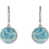 These genuine larimar drop earrings feature a stone as mysterious & stunning as the place they originate, the Dominican Republic.

Soft blues and soothing turquoise reveal white flashes throughout these Larimar stones, each measuring 13 x 13mm. That's an approximate total weight of 15.20 carats.

Bezel set into a .925 sterling silver round design with a lovely artistic swirl, these larimar gemstone earrings take you anywhere you want to go.