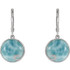 These genuine larimar drop earrings feature a stone as mysterious & stunning as the place they originate, the Dominican Republic.

Soft blues and soothing turquoise reveal white flashes throughout these Larimar stones, each measuring 13 x 13mm. That's an approximate total weight of 15.20 carats.

Bezel set into a .925 sterling silver round design with a lovely artistic swirl, these larimar gemstone earrings take you anywhere you want to go.