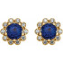 Colorful round natural sapphires outlined with sparkling round diamonds form these lovely earrings for her. Crafted in 14k yellow gold, the earrings have a total diamond weight of 1/3 carat and are secured with friction backs. Sapphire is commonly subjected to enhancement processes or treatments such as heating and diffusion. Gently clean by rinsing in warm water and drying with a soft cloth.