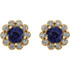 Colorful round natural sapphires outlined with sparkling round diamonds form these lovely earrings for her. Crafted in 14k yellow gold, the earrings have a total diamond weight of 1/4 carat and are secured with friction backs. Sapphire is commonly subjected to enhancement processes or treatments such as heating and diffusion. Gently clean by rinsing in warm water and drying with a soft cloth.