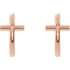 This symbol of Christianity was created from polished 14k rose gold and features an open cross j-hoop design with a friction-back post. They are approximately 12.05mm (3/8 inch) in width by 12.13mm in length.