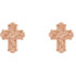 This symbol of Christianity was created from polished 14k rose gold. Floral-inspired cross earrings with a friction-back post. They are approximately 9.52mm in width by 11.75mm in length.