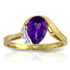 It's only appropriate that purple is the color of royalty, since this ring makes any woman feel like a queen when it adorns her finger. This 14k solid gold ring with diamonds and purple amethyst makes a statement with the amount of shine that it gives, as well as the beauty shown through the beautiful purple center stone, which weighs a whopping one and a half carat. The gold band beautifully embraces the pear shaped stone, which is accented by three natural round cut diamonds. Any woman will love this standout ring, and it makes an excellent gift for any lady born in February to display her birthstone to the world.