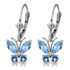 One of nature's most beautiful creatures is captured perfectly on these 14k gold butterfly earrings with blue topaz. These cute and dainty earrings are set on gold leverbacks to allow them to swing and move for a dazzling effect. Four marquise and four round cut blue topaz stones are used to create the wings and bodies of two beautiful identical butterflies. Over one carat of sparkle is seen when wearing these incredibly well designed earrings. With a total length of .93 inches, these earrings dangle below the earlobes for a subtle and beautiful look.