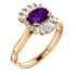 Crafted in 14k rose gold, this ring features one oval Genuine Amethyst gemstone accented with 18 genuine diamonds. 