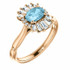 Crafted in 14k rose gold, this ring features one oval Genuine Aquamarine gemstone accented with 18 genuine diamonds. 