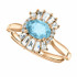 Crafted in 14k rose gold, this ring features one oval Genuine Aquamarine gemstone accented with 18 genuine diamonds. 