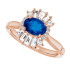 Crafted in 14k rose gold, this ring features one oval Genuine Blue Sapphire gemstone accented with 18 genuine diamonds. 