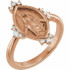 This 14k rose gold symbolic ring features 12 brilliant diamond accents and an oval miraculous medal. Fits a size 7 finger.