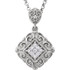 This stunning 14k white gold pendant features nine round diamonds in the center. Diamonds are 1/8ctw, G-H in color, and I1 in clarity. Pendant is 24.60mm in length, 15.90mm in width, and is displayed on an 18inch white gold rolo chain.