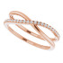 This unique criss-cross diamond ring is marvelously crafted in 14k rose gold. Diamonds are G-H in color and I1 or better in clarity.

With a unique style for her this diamond cris cross ring are unlike any other. Add this fine jewelry item to your collection today.