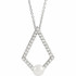 Make a bold and modern fashion statement with this cultured freshwater pearl & Diamond Geo Pendant Necklace in a geometric-shaped sterling silver design showcased by 29 sparkling accent diamonds set off by a singular freshwater cultured freshwater pearl.

Cultured freshwater pearls measure approximately 5mm to 5.5mm in diameter. Diamonds are rated I1 for clarity, G-H for color, with a 0.25 total carat weight.

This distinctive pendant comes suspended on a sterling silver chain, secured with a ring clasp. 