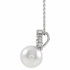 Our highest-quality Freshwater cultured pearl is paired with five brilliant round diamonds and attached to an platinum bail. The pair suspend from a delicate platinum 16-18" cable chain. Diamonds are G-H in color and SI2 or better in clarity. 