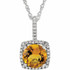 Celebrate her November birthday with this timeless fashion pendant. Created in sleek sterling silver, the eye is drawn to the 7.0mm round-cut citrine center stone. A border of shimmering .015 ct. tw. round diamonds wraps the center stone in a sparkling embrace, completing the look. Polished to a brilliant shine, this pendant suspends along an 18.0-inch chain that secures with a spring-ring clasp.