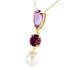  Necklaces are a fun way to dress up any outfit, and with the beauty of gold, amethyst, and natural pearls, this piece can enhance any look. On this 14k solid gold necklace with purple amethyst and pearl, the bright color of amethyst is only made brighter with the pure white of the dangling 2.5 carat pearl. 2.75 carats of stunning purple amethyst are suspended from an 18 inch long rope chain, allowing it to fall naturally when it is worn. This piece is an elegant piece that can accessorize any ensemble beautifully.