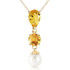  The citrine gemstone is loved for its unique color. When combined with pure white natural pearls, the color and brilliance stands out even more for a classy and elegant look. This is achieved perfectly with this 14k solid gold necklace with citrine and pearls. An 18 inch double rope chain made of solid gold holds a 2.5 carat pearl and two citrine stones weighing 2.75 carats for flash and shine. This necklace personifies subtle elegance and is sure to make any woman smile.