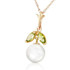 Nature and fantasy come together in this demure 14k yellow gold necklace with natural pearl & peridot. This truly unique piece seems straight from the fairy gardens of our wildest dreams. It features a two carat round Pearl and detail jewels of two marquis shaped .20 carat Peridot gemstones.

The Pearl hangs almost as a fantastical gemstone fruit, and the peridots seem almost to be dewy leaves. It comes with a 14k yellow gold 18 inch long double link rope chain. This necklace is for the dainty among us, and for those who appreciate things of sheer fantasy and perky elegance.