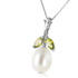 The only problem the 14k white gold necklace with natural pearl and peridot presents is whether to wear the peridot as a spring green or a winter holiday color -- and the answer is to wear it for both. The central pearl shines out from beneath the two marquis-cut peridots with its natural luminescence. Pearl goes with everything, and the olive green of the peridot is surprising neutral, too.

With its semiprecious gemstones, the 14k white gold necklace with natural pearl and peridot is dressy enough to wear for special occasions, but its gorgeous coloring will tempt you into also clasping it on for everyday use. 