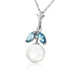 Clean and formal, the cool combination of blue and white always has a slightly nautical, slightly classical feel. Whether you are dining at the yacht club or setting sail for a sunset cruise, you will want to wear this 14k white gold necklace w/ natural pearl & blue topaz, which features our favorite oceanside color combo.

This necklace features a round, white, 2.0 carat pearl. Near the top of the pearl are two shimmery detail stones that are 0.20 carat marquis shaped Blue Topaz jewels. This dressy, classic necklace comes with an 18 inch white gold double link rope chain.
