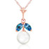 Clean and formal, the cool combination of blue and white always has a slightly nautical, slightly classical feel. Whether you are dining at the yacht club or setting sail for a sunset cruise, you will want to wear this 14k rose gold necklace w/ natural pearl & blue topaz, which features our favorite oceanside color combo.

This necklace features a round, white, 2.0 carat pearl. Near the top of the pearl are two shimmery detail stones that are 0.20 carat marquis shaped Blue Topaz jewels. This dressy, classic necklace comes with an 18 inch rose gold double link rope chain.