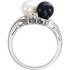 Hand crafted in rhodium plated 14k white gold, this double solitaire ring features black and white Akoya cultured pearls and 6 full cut diamonds. Comes in ring size 7 only
